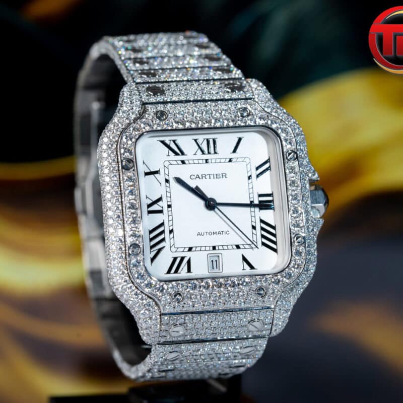 ĐỒNG HỒ CARTIER SANTOS DE CARTIER ĐỘ FULL KIM CƯƠNG MOISSANITE REPLICA SIÊU CẤP 39MM