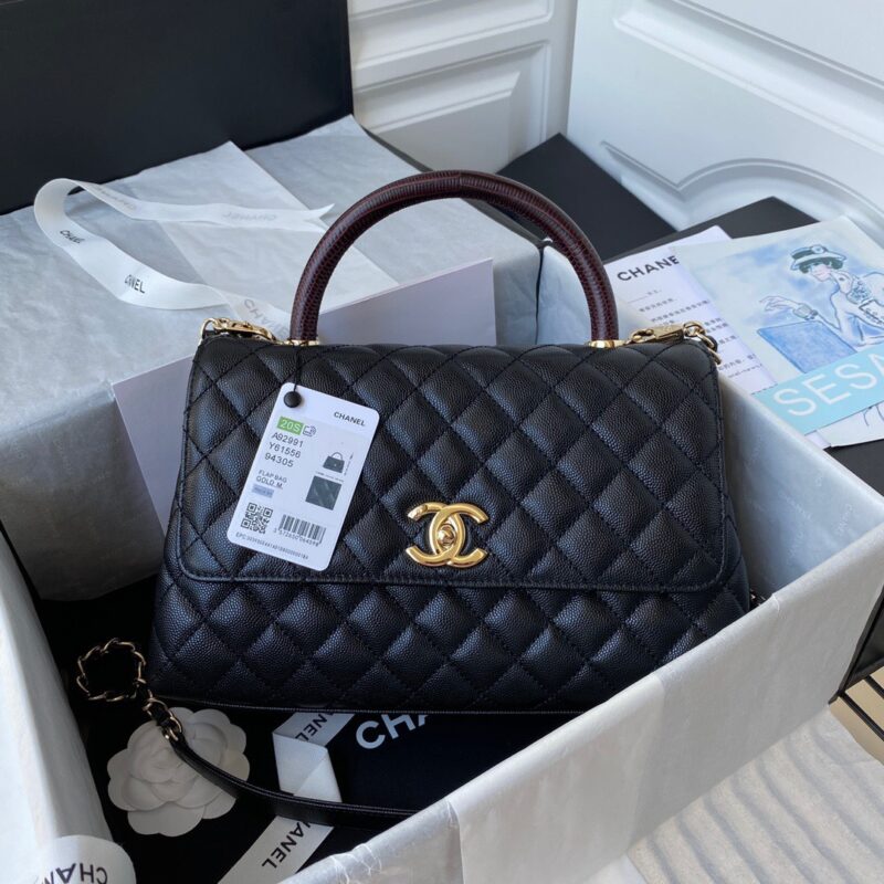 TÚI XÁCH CHANEL COCO FLAP BAG BLACK GRAINED WITH TOP HANDLE SIÊU CẤP VIP