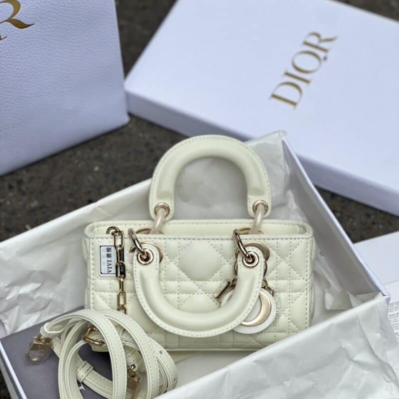 TÚI XÁCH DIOR LADY D-JOY MINI BAG CALFSKIN LIKE AUTH TAG VÀNG MÀU TRĂNG