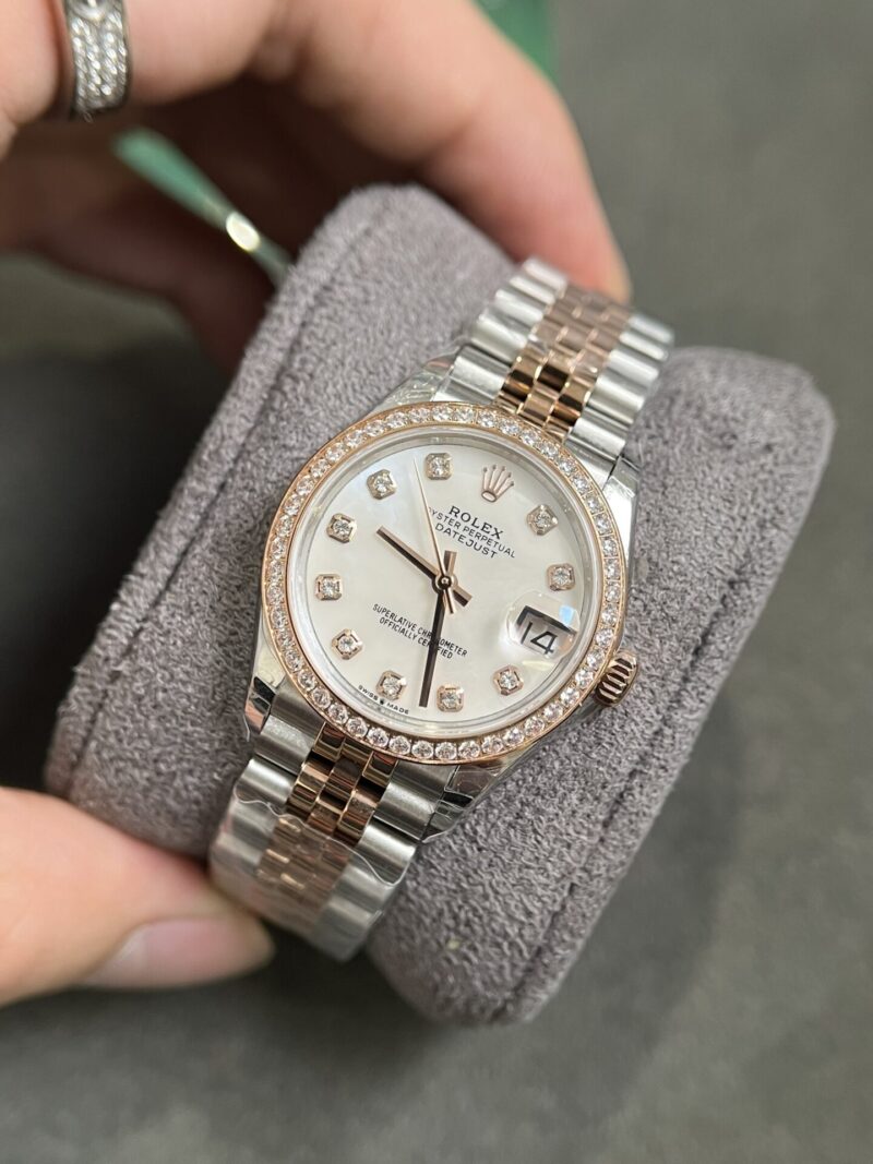 ĐỒNG HỒ ROLEX DATEJUST NỮ MẶT TRẮNG VIỀN ĐÁ REPLICA CAO CẤP 31MM