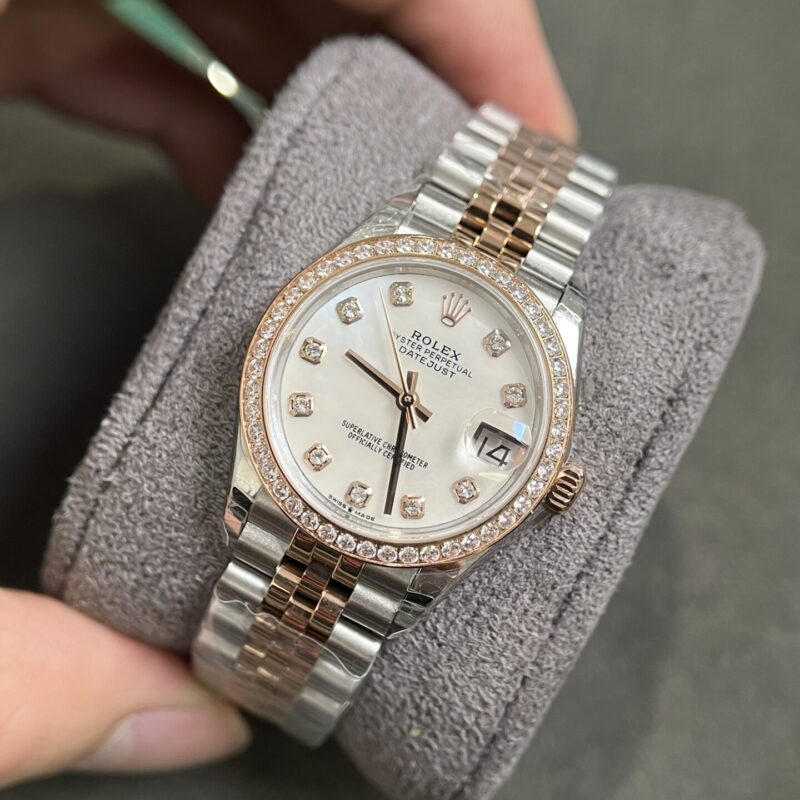 ĐỒNG HỒ ROLEX DATEJUST NỮ MẶT TRẮNG VIỀN ĐÁ REPLICA CAO CẤP 31MM