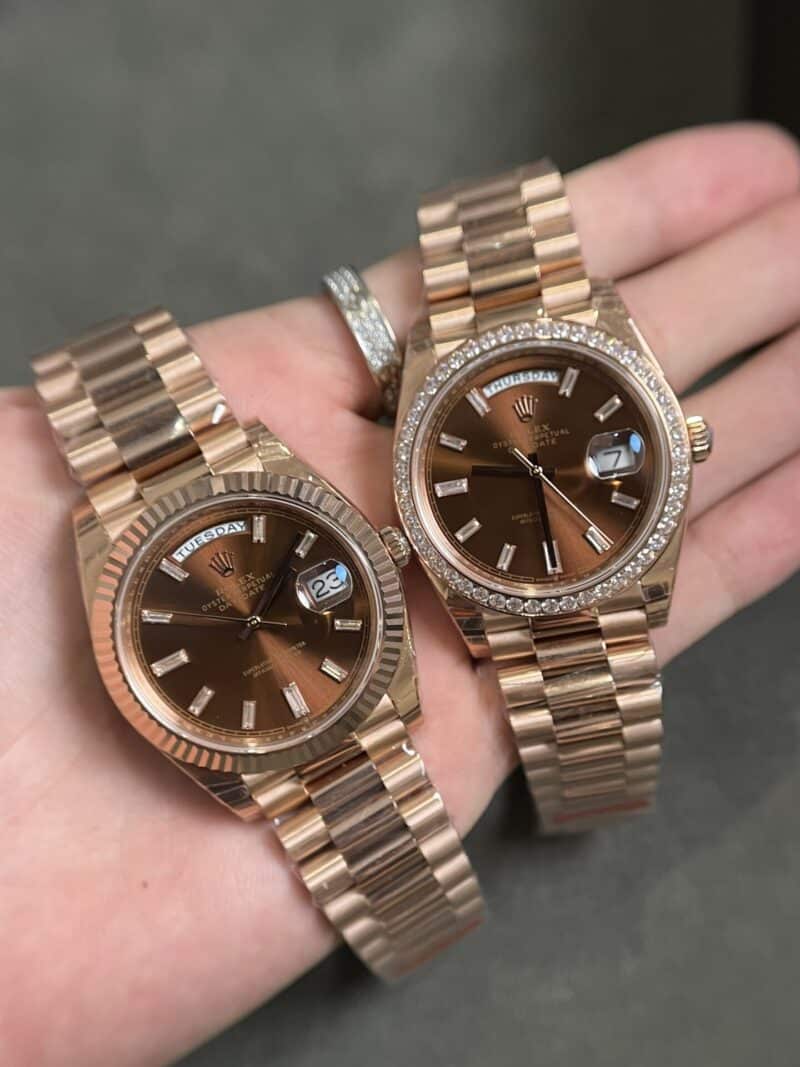 ROLEX DAY-DATE MẶT SỐ CHOCOLATE CỌC SỐ ĐÁ BAGUETTE FAKE CAO CẤP