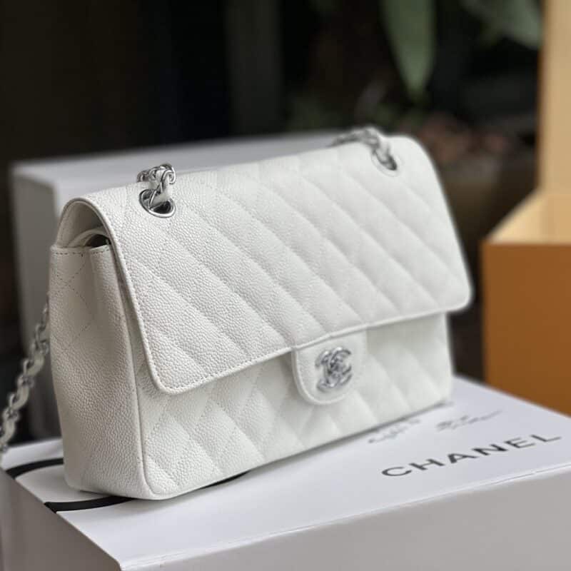 TÚI CHANEL CLASSIC FLAP BAG MEDIUM SLIVER NGUYÊN BẢN DA CAVIAR MÀU TRẮNG