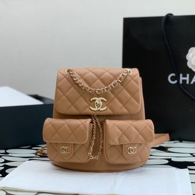 BALO CHANEL SMALL BACKPACK GRAINED SHINY CALFSKIN & GOLD CARAMEL BEIGE SIÊU CẤP