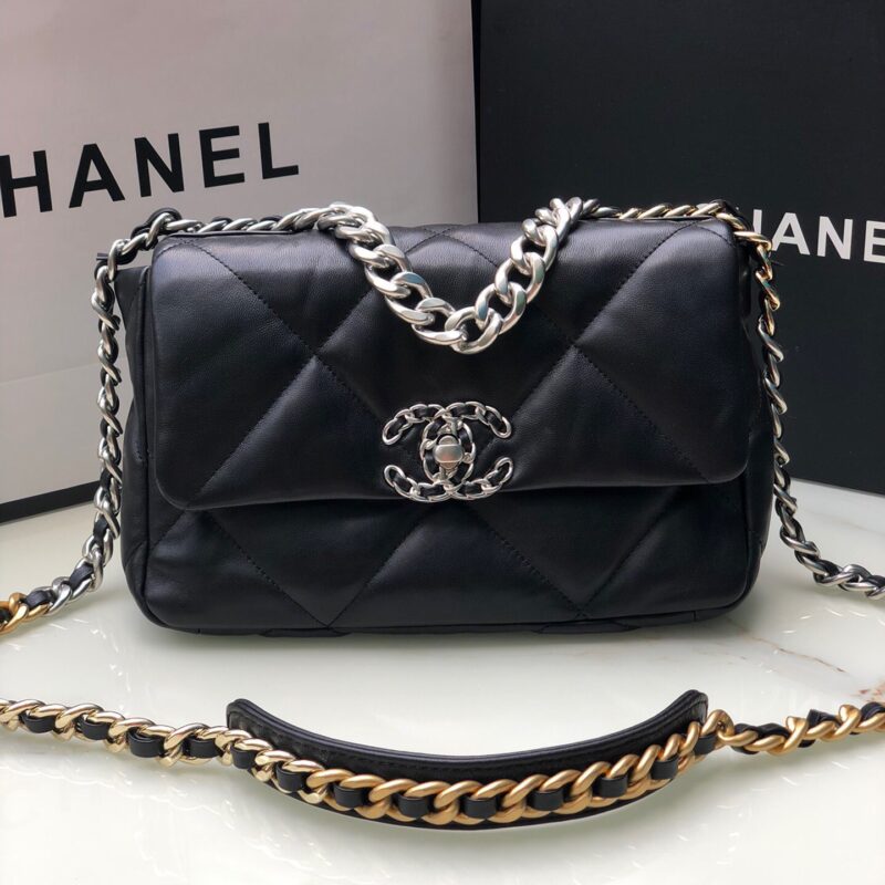 TÚI CHANEL 19 FLAP BAG DOUBLE C LOGO LAMBSKIN KHÓA BẠC SIÊU CẤP MÀU ĐEN