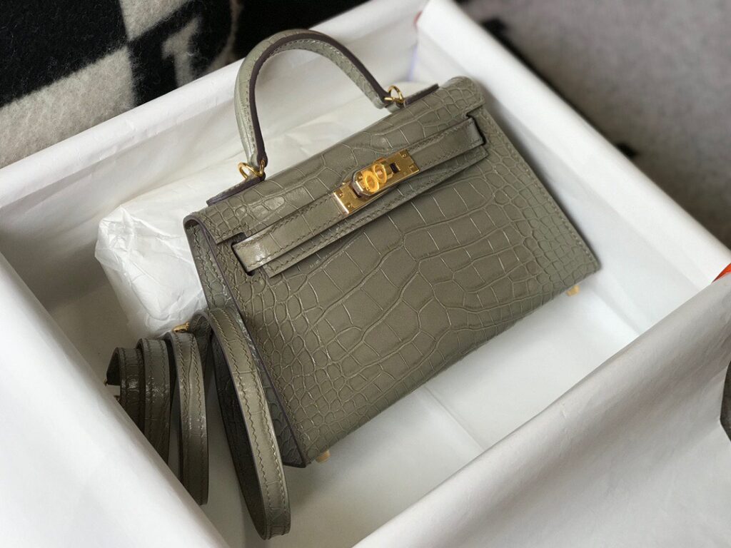 TÚI XÁCH HERMES KELLY MINI K20 NGUYÊN BẢN DA BÒ DẬP VÂN CÁ SẤU MÀU GHI