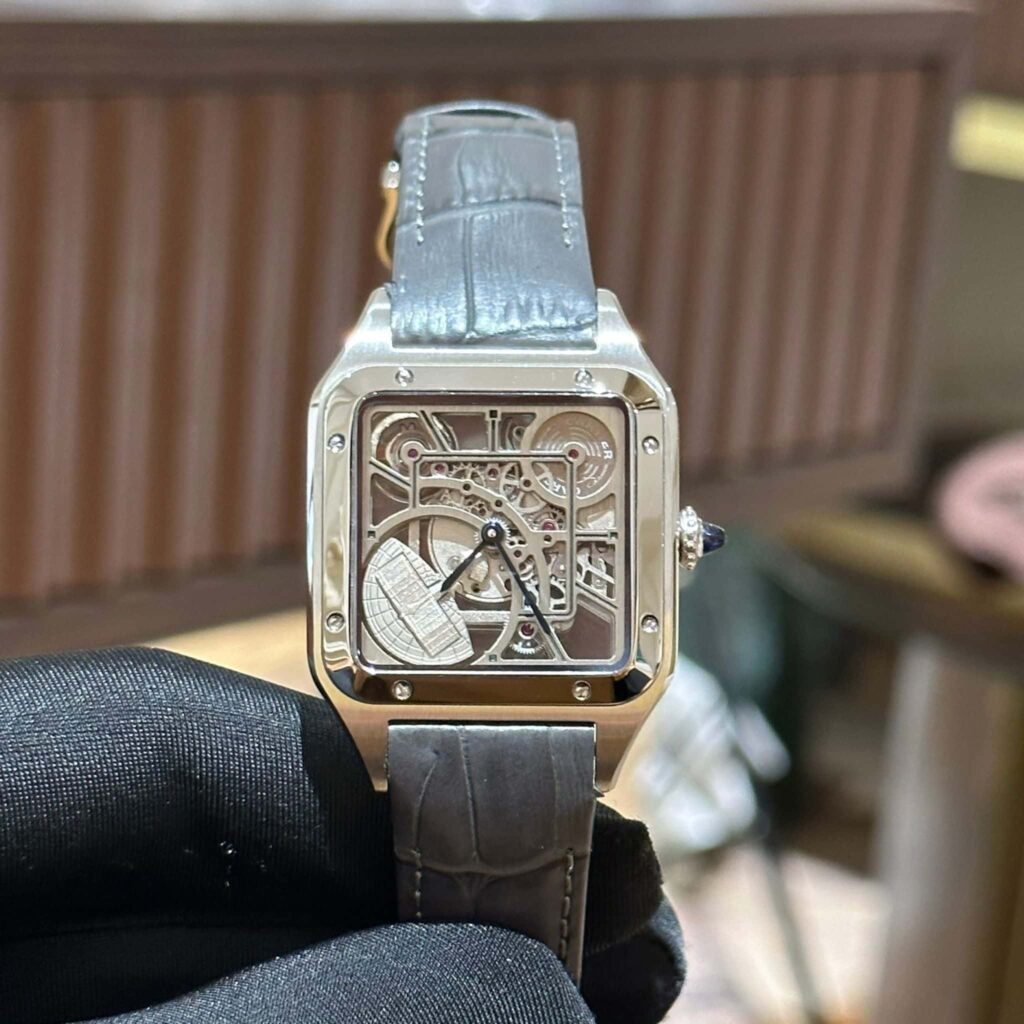 CARTIER SANTOS-DUMONT SKELETON GREY LEATHER STRAP REPLICA