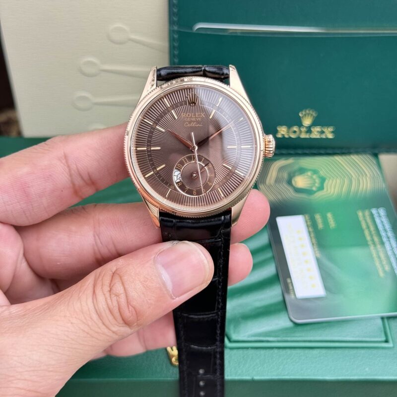 ĐỒNG HỒ ROLEX CELLINI DUAL TIME 50525 VÀNG HỒNG MẶT NÂU REPLICA 39MM